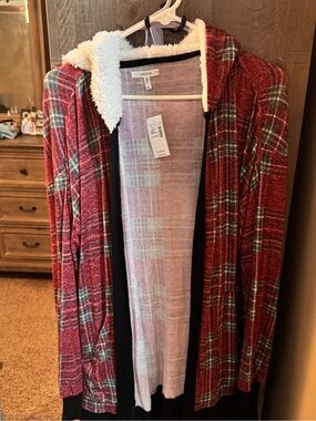 Maurices Red Plaid Hooded Cardigan with Sherpa Trim